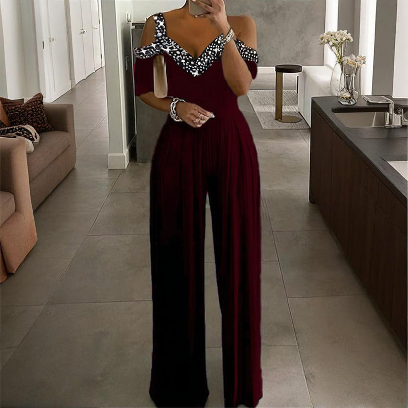 Plus Size Women's Solid Color V-Neck Jumpsuit With Rhinestone Detail - Wide Leg Romper For Spring&Summer