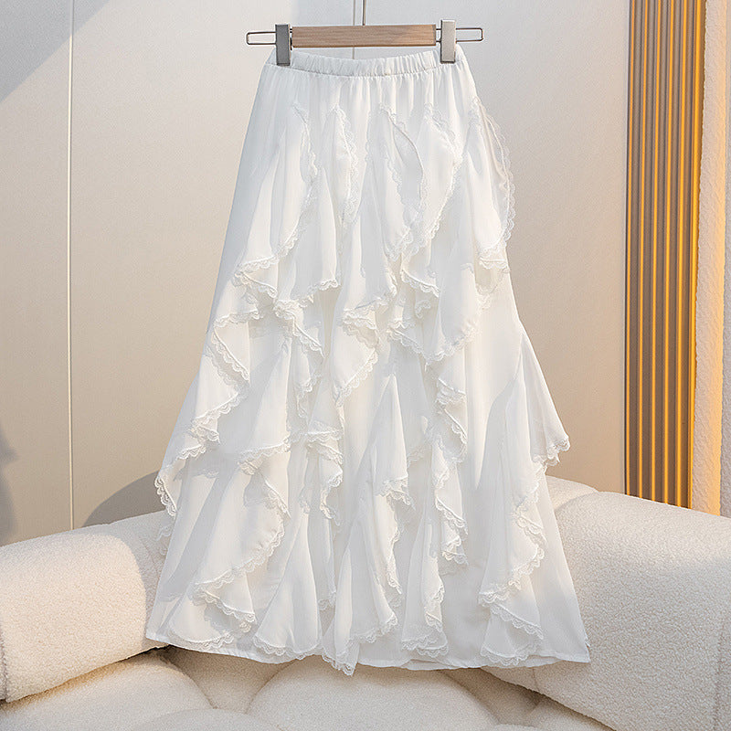 New Loose High Waist Stitching Lace Irregular Lace Irregular Midi Dress