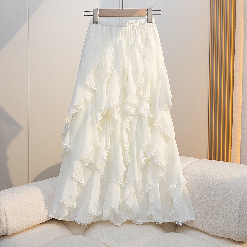 New Loose High Waist Stitching Lace Irregular Lace Irregular Midi Dress