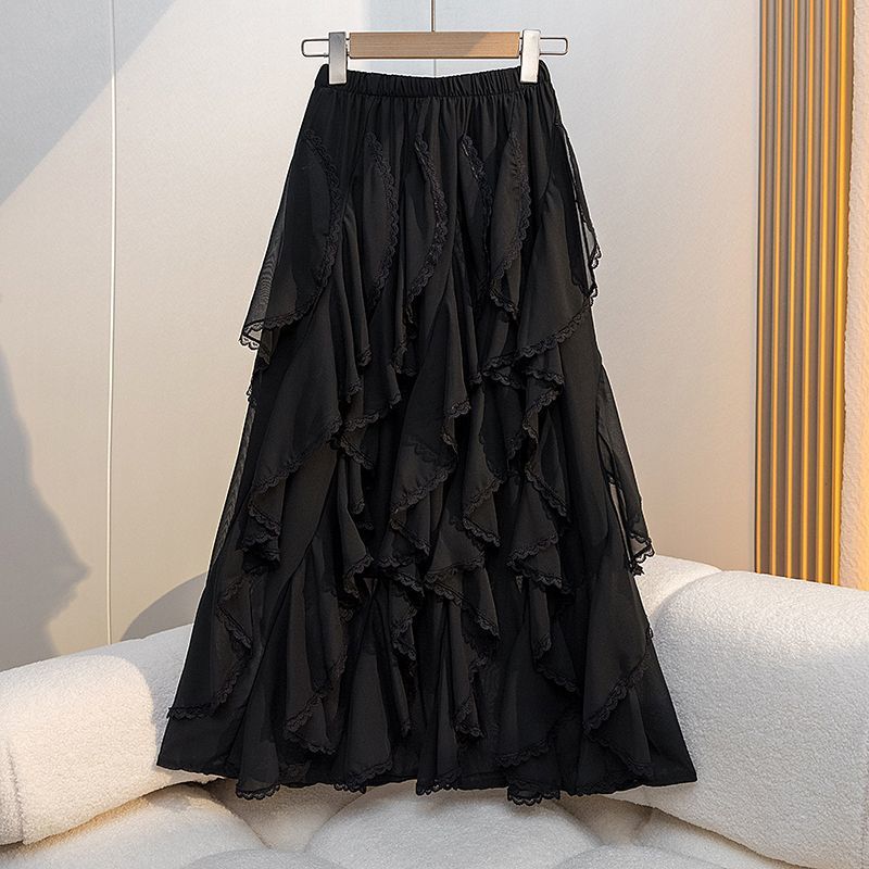New Loose High Waist Stitching Lace Irregular Lace Irregular Midi Dress