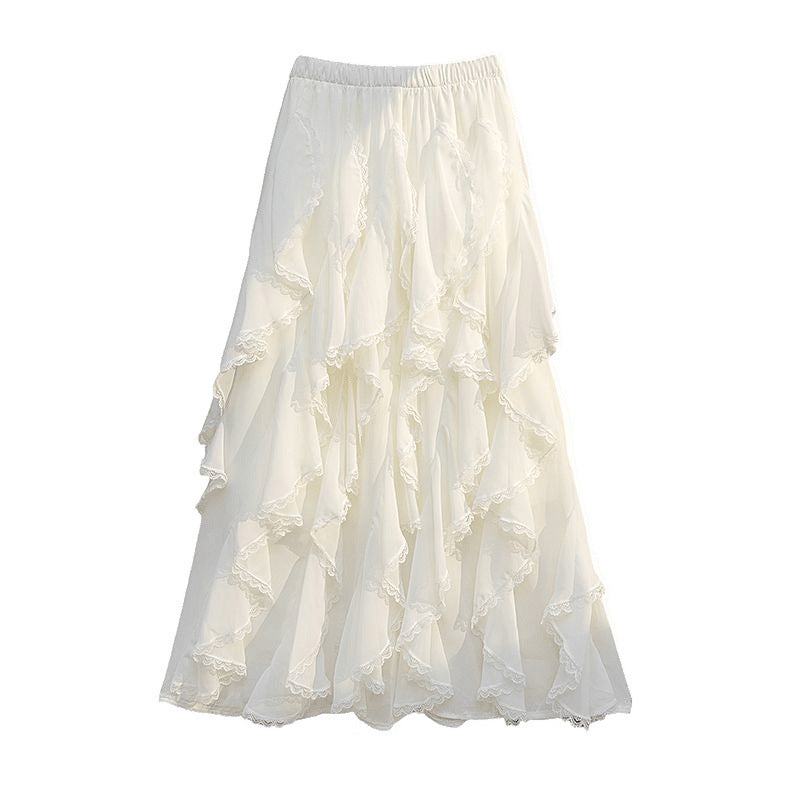 New Loose High Waist Stitching Lace Irregular Lace Irregular Midi Dress