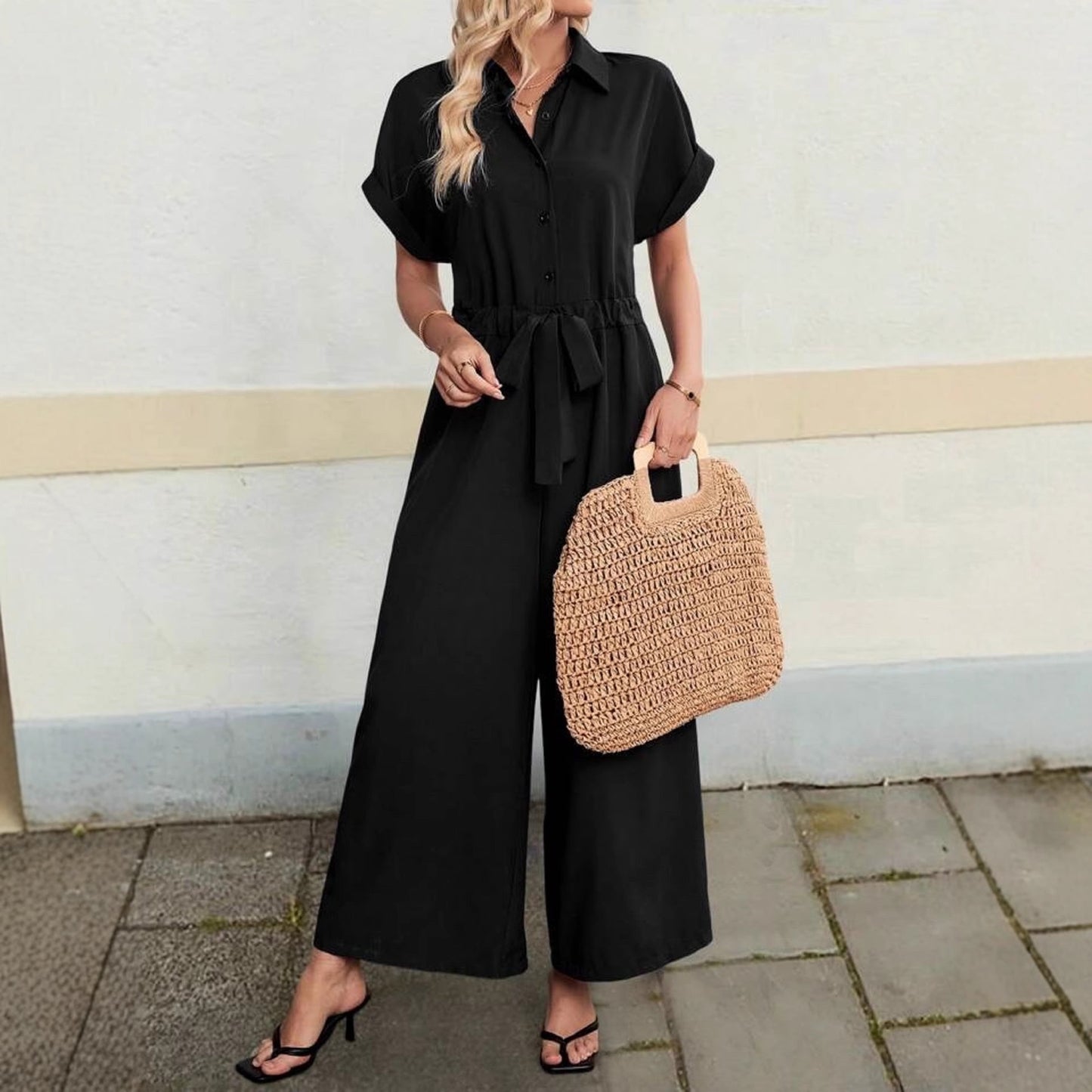 Women's Loose Casual Polo Collar Lace-up Jumpsuit