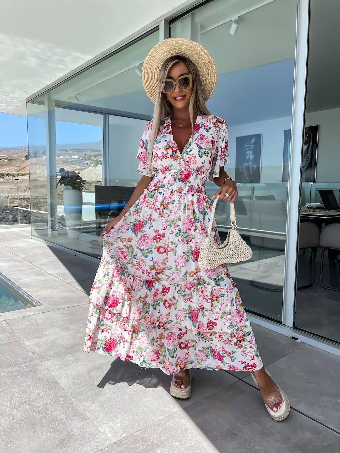 Summer Printed Short Sleeve Large Swing Skirt Dress