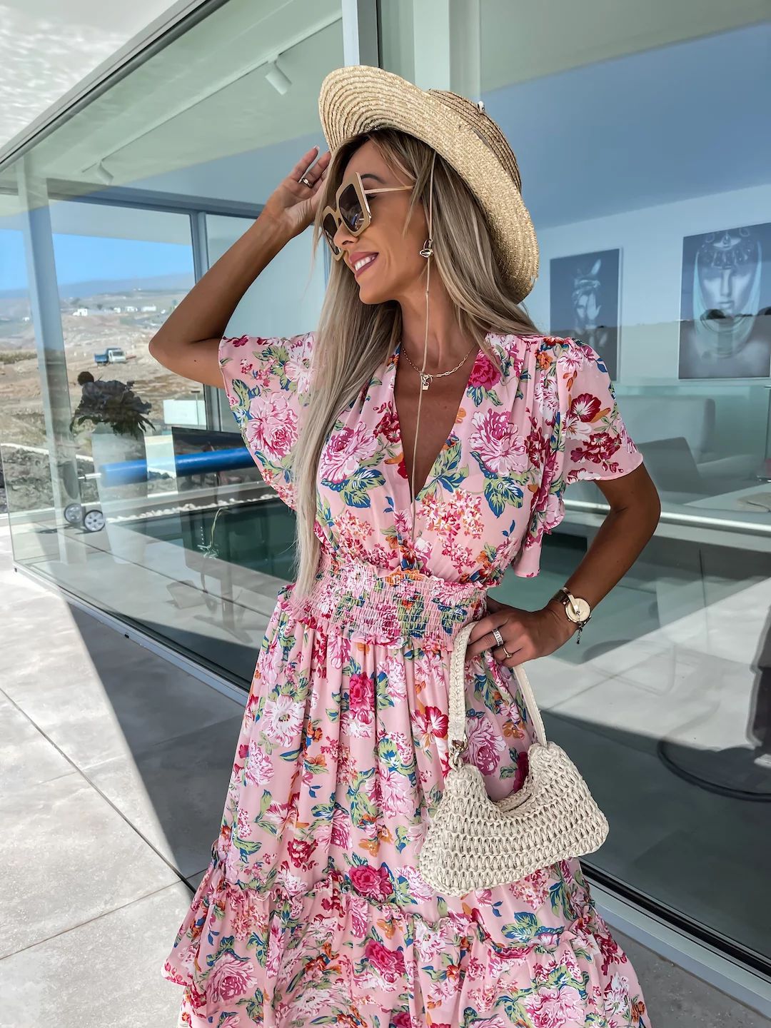 Summer Printed Short Sleeve Large Swing Skirt Dress