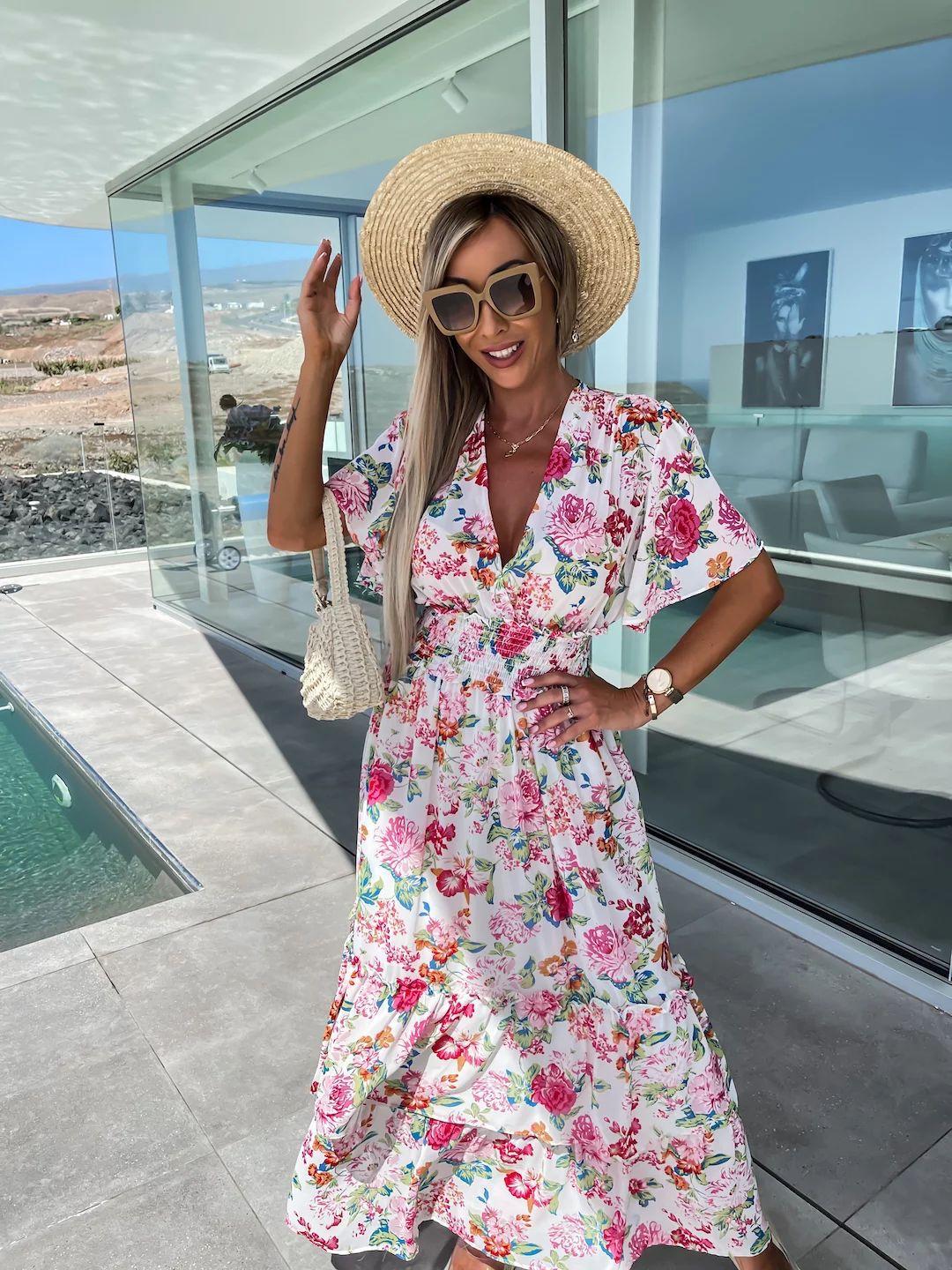 Summer Printed Short Sleeve Large Swing Skirt Dress