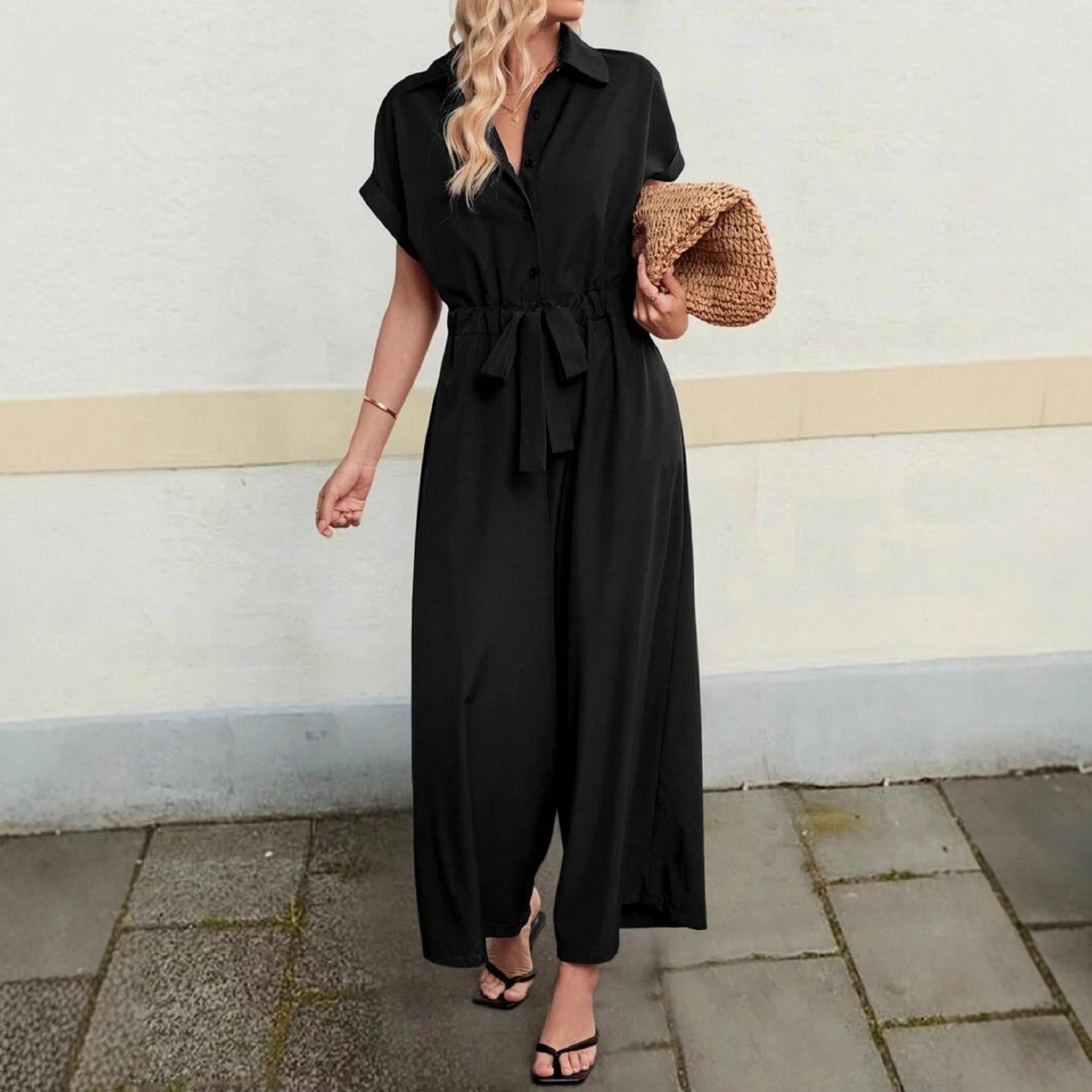 Women's Loose Casual Polo Collar Lace-up Jumpsuit