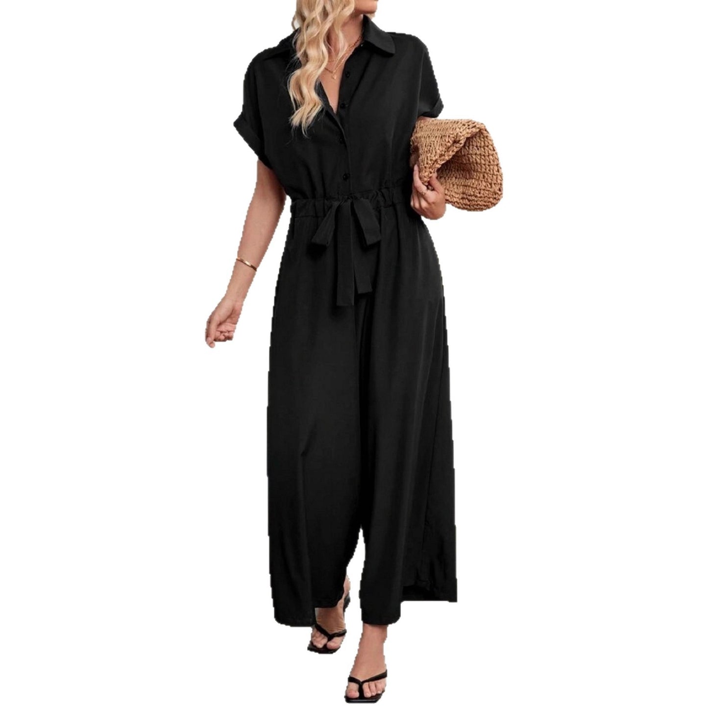 Women's Loose Casual Polo Collar Lace-up Jumpsuit
